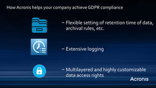 ‒ Flexible setting of retention time of data,
archival rules, etc.
‒ Extensive logging
‒ Multilayered and highly customizable
data access rights
How Acronis helps your company achieve GDPR compliance
 