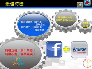 傳銷界中的FB，
手遊界中的Amway！
時機正確，事半功倍！
時機不對，欲哭無淚！
目前全世界只此一家，
別無分號！
孤門獨市，超級藍海，
獨孤求敗！
時勢造
英雄
最佳時機
 