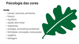 Psicologia das cores
Verde
•	 campo, natureza, primavera
•	 frescor
•	 equilíbrio
•	 saúde, bem-estar
•	 segurança
•	 ecologia, consciência ambiental
•	 fertilidade, renovação, restauração
•	 oxigênio,
•	 folhagem
 