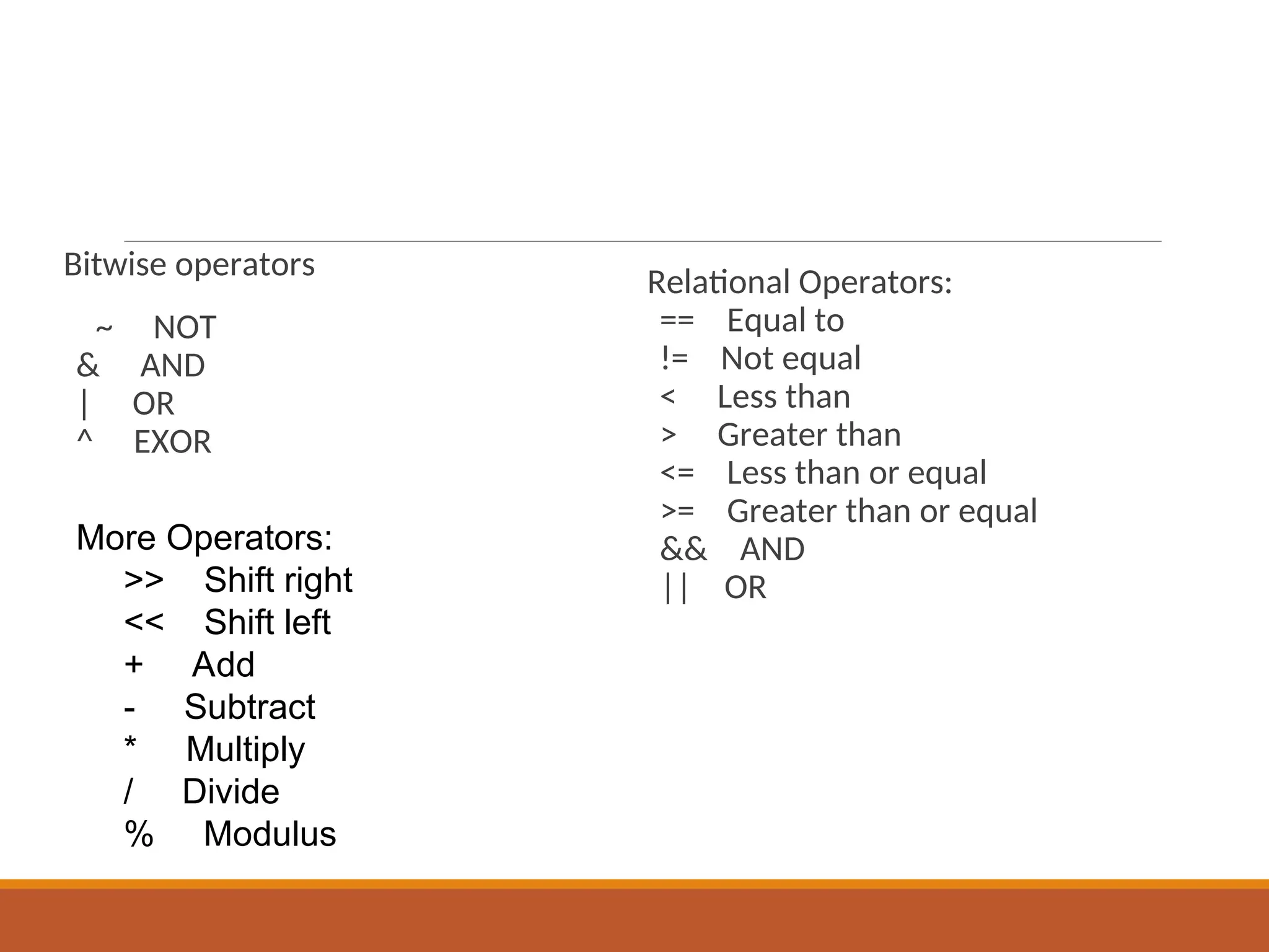 Bitwise operators
~ NOT
& AND
| OR
^ EXOR
Relational Operators:
== Equal to
!= Not equal
< Less than
> Greater than
<= Less than or equal
>= Greater than or equal
&& AND
|| OR
More Operators:
>> Shift right
<< Shift left
+ Add
- Subtract
* Multiply
/ Divide
% Modulus
 
