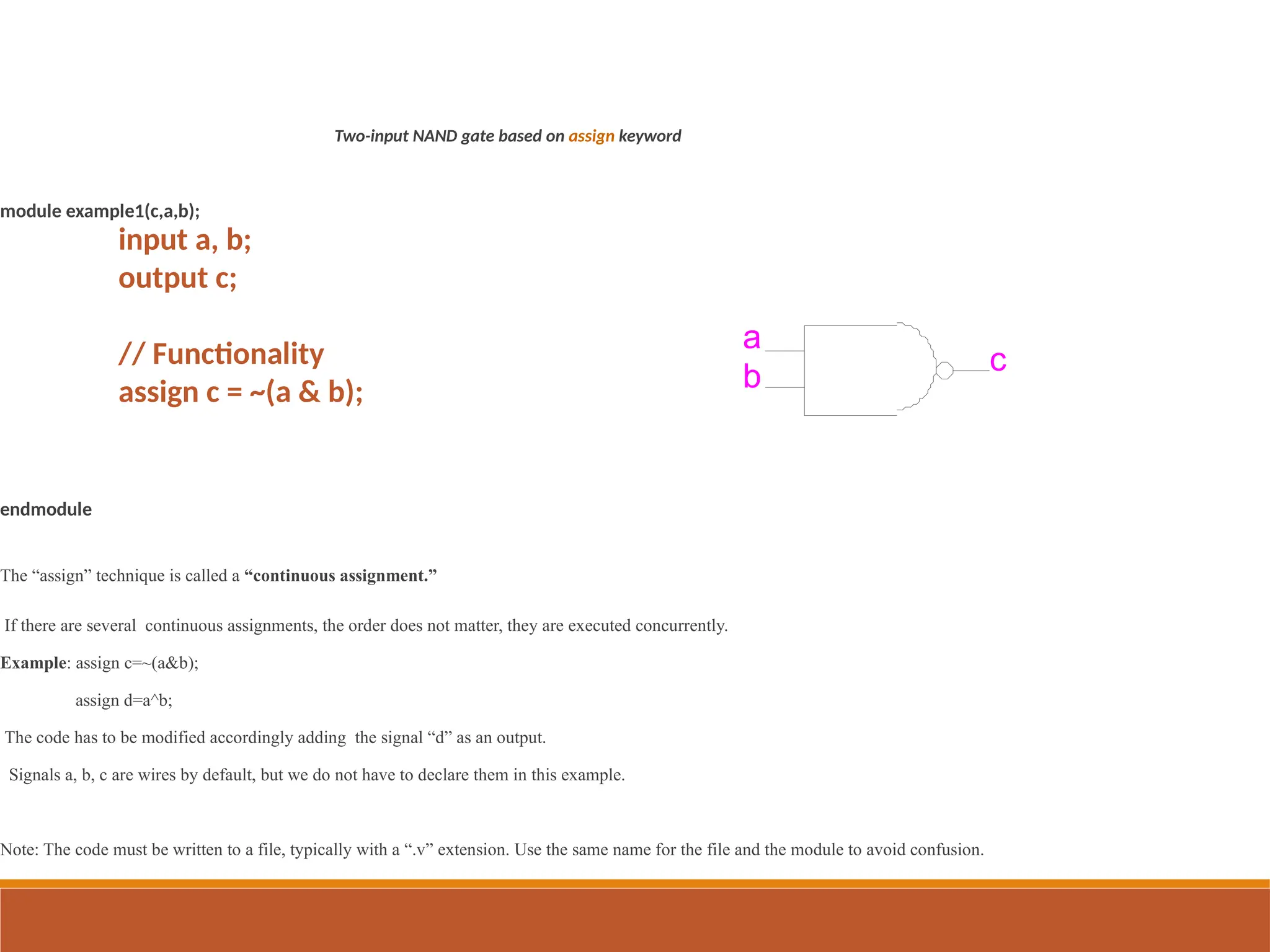 Two-input NAND gate based on assign keyword
module example1(c,a,b);
endmodule
The “assign” technique is called a “continuous assignment.”
If there are several continuous assignments, the order does not matter, they are executed concurrently.
Example: assign c=~(a&b);
assign d=a^b;
The code has to be modified accordingly adding the signal “d” as an output.
Signals a, b, c are wires by default, but we do not have to declare them in this example.
Note: The code must be written to a file, typically with a “.v” extension. Use the same name for the file and the module to avoid confusion.
a
b
c
input a, b;
output c;
// Functionality
assign c = ~(a & b);
 
