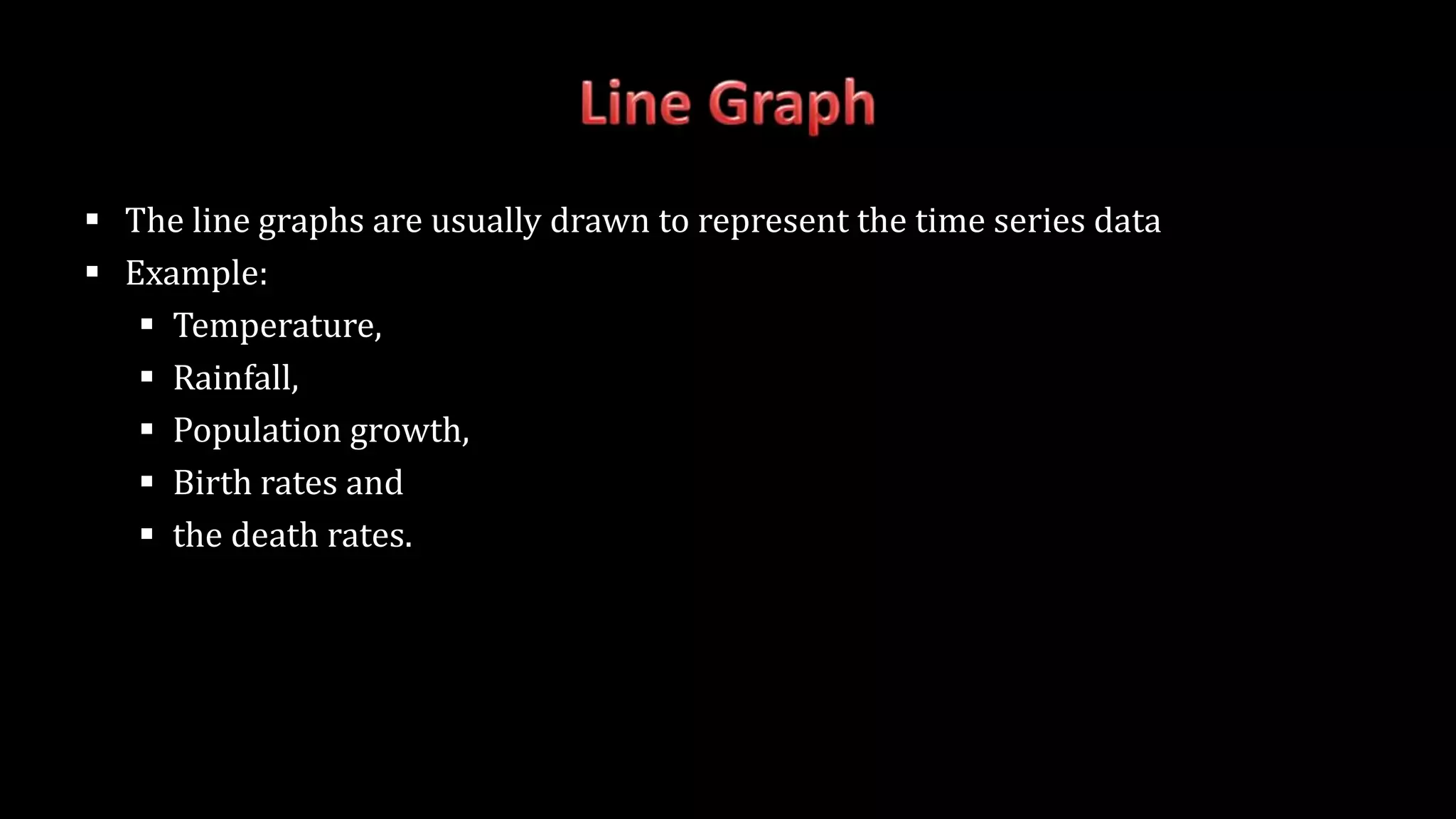  The line graphs are usually drawn to represent the time series data
 Example:
 Temperature,
 Rainfall,
 Population growth,
 Birth rates and
 the death rates.
 