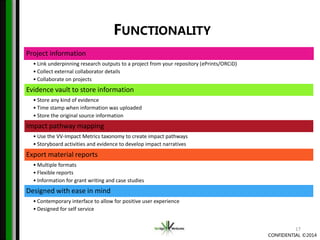 CONFIDENTIAL ©2014
Project information
• Link underpinning research outputs to a project from your repository (ePrints/ORCiD)
• Collect external collaborator details
• Collaborate on projects
Evidence vault to store information
• Store any kind of evidence
• Time stamp when information was uploaded
• Store the original source information
Impact pathway mapping
• Use the VV-Impact Metrics taxonomy to create impact pathways
• Storyboard activities and evidence to develop impact narratives
Export material reports
• Multiple formats
• Flexible reports
• Information for grant writing and case studies
Designed with ease in mind
• Contemporary interface to allow for positive user experience
• Designed for self service
FUNCTIONALITY
17
 