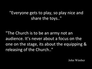 "Everyone gets to play, so play nice and
share the toys.."
"The Church is to be an army not an
audience. It’s never about a focus on the
one on the stage, its about the equipping &
releasing of the Church.."
John Wimber

 