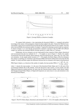 Int J Elec & Comp Eng ISSN: 2088-8708 Ì 5543
0 100 200 300 400 500 600 700 800 900 1000
0.08
0.1
0.12
0.14
AverageCRLB¯ε(inmetres)
Number of Samples P
CRLB - GK
CRLB - EE
Theoretical CRLB
Figure 4. Average CRLB as a function of samples
To compare both estimators, a line representing the theoretical CRLB, i.e. computed with perfect
knowledge of the statistic of the propagation channel has been added to the plots. Clearly the CRLB of recon-
structed EE is much closer to the theoretical one than the GK: the EE performs better for any samples. From the
above derived CRLBs, the minimum number of samples P required for obtaining accurate results are analyzed.
As shown in Figure 3, it is seen that the non-parametric estimators converges to the true PDF with sufﬁcient
sample size, therefore the estimated CRLBs converges quickly to a stable value as P increases.
Furthermore, the two estimators are now represented by their respective Fisher ellipses (theoretical
and reconstructed from the two methods) for P = 50 samples as seen in Figure 5. Clearly, the samples
reconstructed with the EE estimator almost perfectly match the theoretical one, where they vary only in the
axis orientation. As the sample number increases to P = 250 samples, the Fisher ellipses of the two estimators
have almost or matching axis orientation to the theoretical PEB with the EE method much closer than the GK
method. To clearly and better capture the differences between the two estimators with respect to the theoretical
PEB, Figure 6 depicts, as a function of the number of samples, the inner product PEB ∆
1
Nt
Nt
i=1
ˆAi · Ai
ˆAiAi
,
where · denotes the inner product, A is the area of the theoretical Fisher ellipse and ˆA is the area of the
reconstructed methods (EE or GK method). From the discussion in this section, it can be clearly seen that
Edgeworth Expansion method performs far better than the Gaussian Kernel method, which therein implies
that theapproximated Fisher Ellipses of Edgeworth Expansion are much closer in size and orientation to the
theoretical Fisher Ellipses.
2 3 4 5 6 7 8 9
0
1
2
3
4
5
6
7
8
9
10
Nakagami b = [0 − 4], σ = 0.5, P = 50
y-coordinates(inmetres)
x-coordinates (in metres)
Anchors
Targets
Theoretical PEB
PEB with EE
PEB with GK
2 3 4 5 6 7 8 9
0
1
2
3
4
5
6
7
8
9
10
Nakagami b = [0 − 4], σ = 0.5, P = 250
y-coordinates(inmetres)
x-coordinates (in metres)
Anchors
Targets
Theoretical CRLB
PEB - EE
PEB - GK
Figure 5. The 95% Fisher ellipses, theoretical, and estimated with P = 50 & 250 samples collected per link
Error bounds for wireless localization in NLOS environments (Omotayo Oshiga)
 