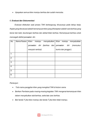  Upayakan semua klien mampu berhias dan sudah mencoba.
6. Evaluasi dan Dokumentasi
Evaluasi dilakukan saat proses TAK berlangsung, khususnya pada tahap kerja.
Aspek yang dievaluasi adalah kemampuanklienyang diharapkan adalah cara berhias yang
benar dan baik, keuntungan berhias dan akibat tidak berhias. Kemampuan berhias untuk
mencegah defisit perawatan diri.
No. Nama Pasien Klien mampu menyebutkan
perawatan diri (berhias dan
menyisir rambut)
Klien mampu menyebutkan
perawatan diri (mencukur
kumis dan jenggot )
1.
2.
3.
4.
5.
6.
Pentunjuk :
 Tulis nama panggilan klien yang mengikuti TAK di kolom nama
 Berikan Penilaian pada masing-masing kegiatan TAK mengenai kemampuan klien
dalam menyebutkan alat berhias, serta tata cara berhias.
 Beri tanda Y jika klien mampu dan tanda T jika klien tidak mampu.
 