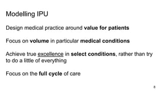 Modelling IPU
Design medical practice around value for patients
Focus on volume in particular medical conditions
Achieve t...