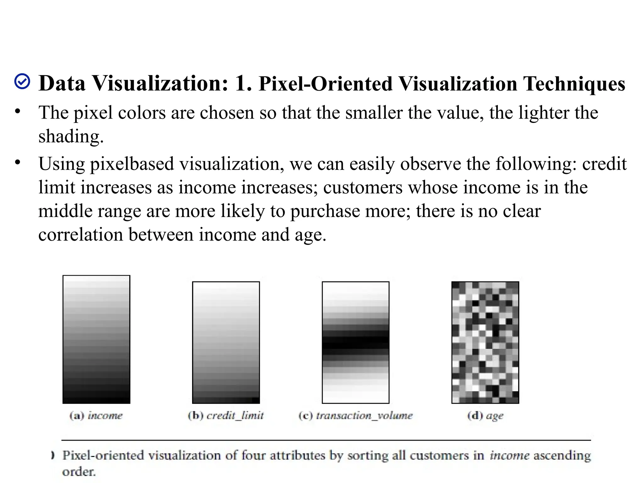 Data Visualization: 1. Pixel-Oriented Visualization Techniques
• The pixel colors are chosen so that the smaller the value, the lighter the
shading.
• Using pixelbased visualization, we can easily observe the following: credit
limit increases as income increases; customers whose income is in the
middle range are more likely to purchase more; there is no clear
correlation between income and age.
66
 
