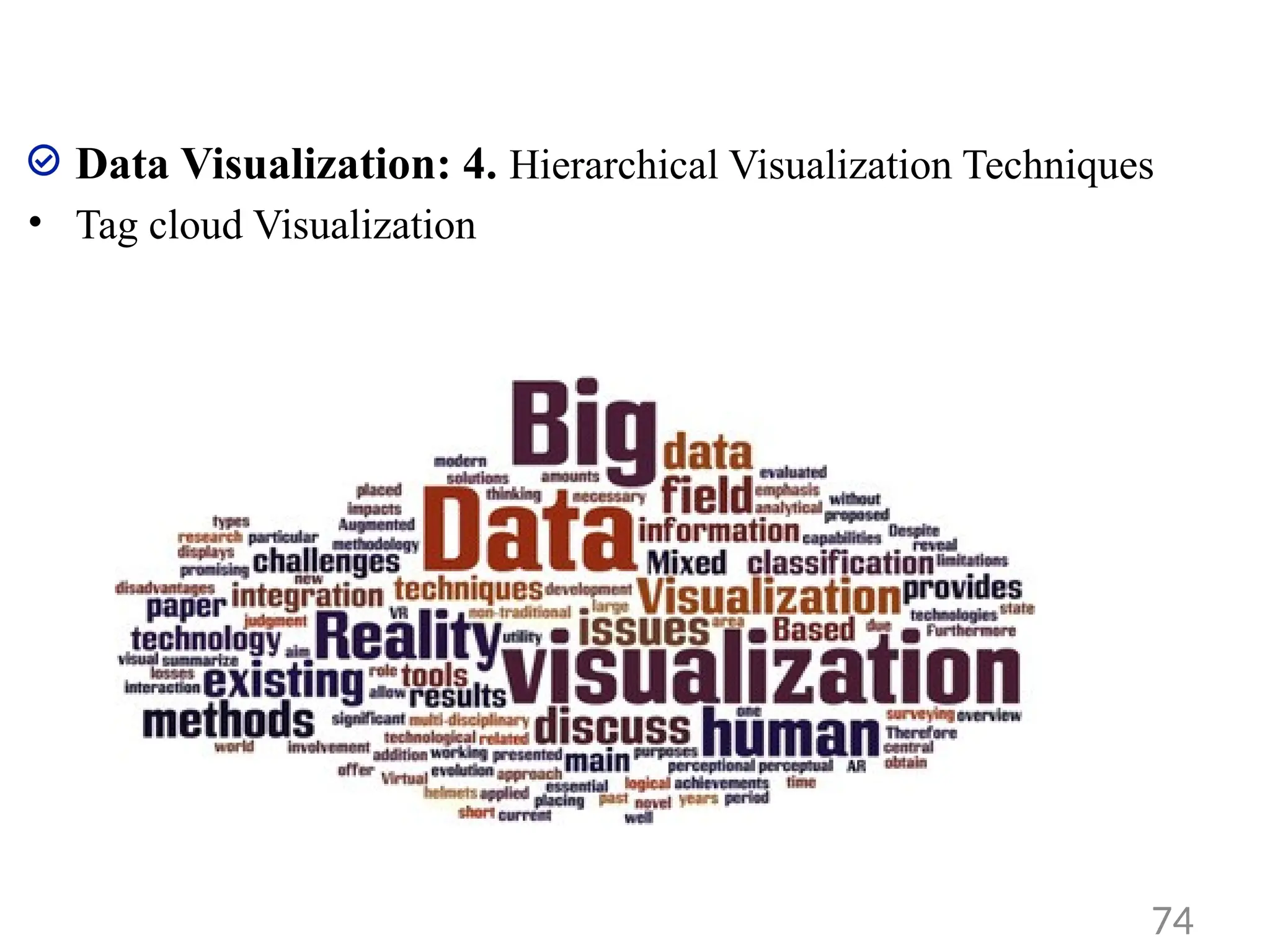 Data Visualization: 4. Hierarchical Visualization Techniques
• Tag cloud Visualization
74
 