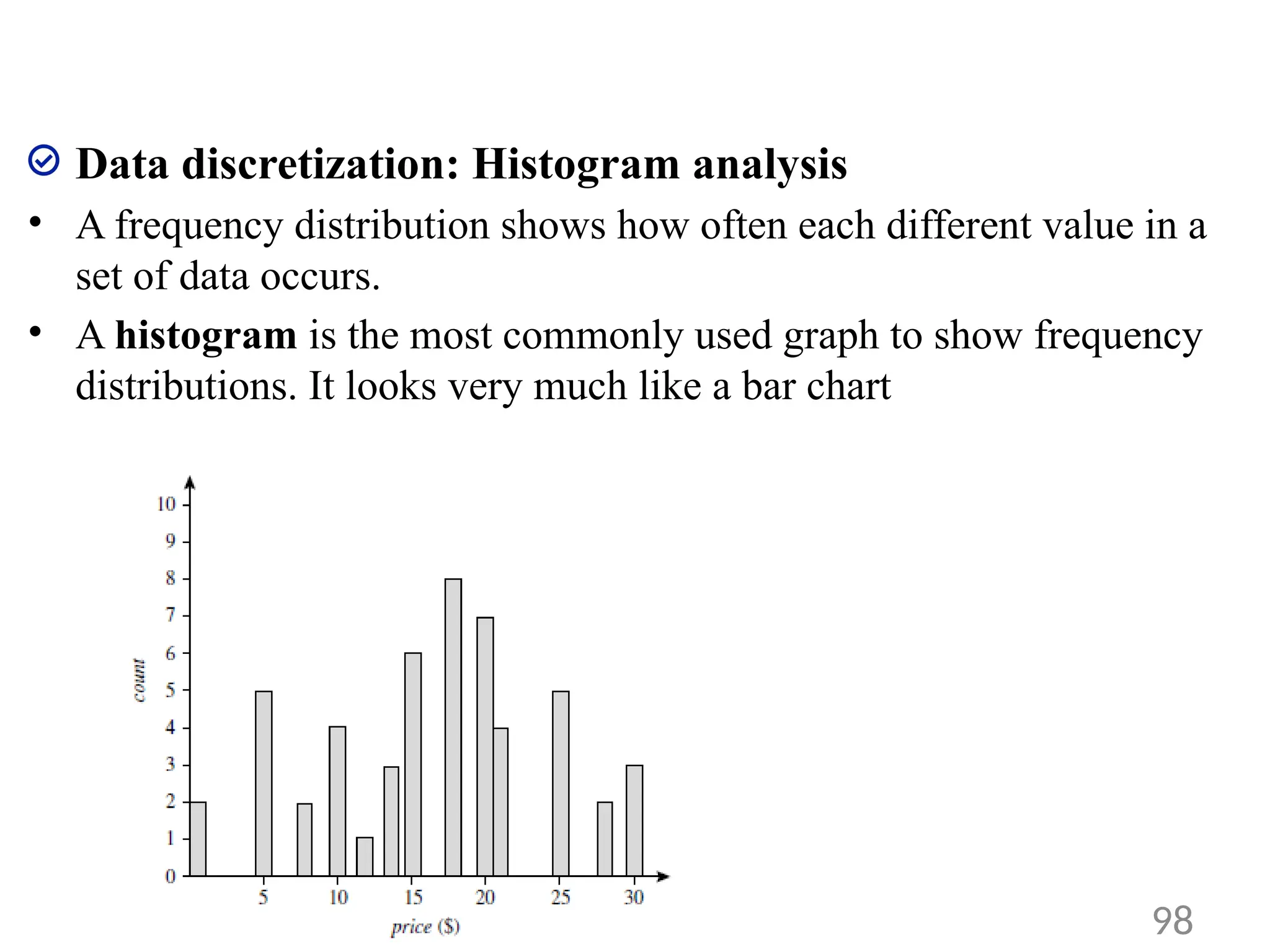 Data discretization: Histogram analysis
• A frequency distribution shows how often each different value in a
set of data occurs.
• A histogram is the most commonly used graph to show frequency
distributions. It looks very much like a bar chart
98
 