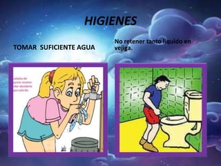 HIGIENES
TOMAR SUFICIENTE AGUA
No retener tanto liquido en
vejiga.
 