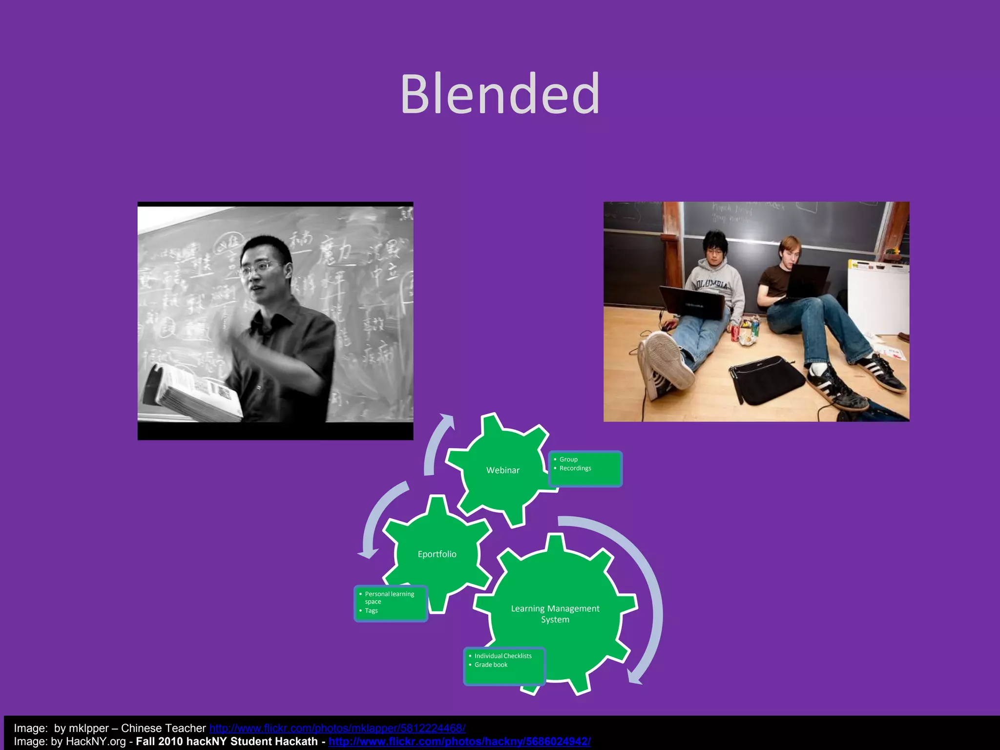 Blended

Webinar

• Group
• Recordings

Eportfolio

• Personal learning
space
• Tags

Learning Management
System

• Individual Checklists
• Grade book

Image: by mklpper – Chinese Teacher http://www.flickr.com/photos/mklapper/5812224468/
Image: by HackNY.org - Fall 2010 hackNY Student Hackath - http://www.flickr.com/photos/hackny/5686024942/

 