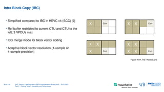 Intra Block Copy (IBC)
• Simpliﬁed compared to IBC in HEVC v4 (SCC) [9]
• Ref buffer restricted to current CTU and CTU to ...