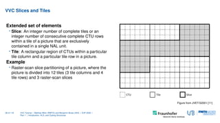 VVC Slices and Tiles
Extended set of elements
• Slice: An integer number of complete tiles or an
integer number of consecu...