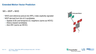 Extended Motion Vector Prediction
MV = MVP + MVD
• MVD and reference picture list (RPL) index explicitly signaled
• MVP de...