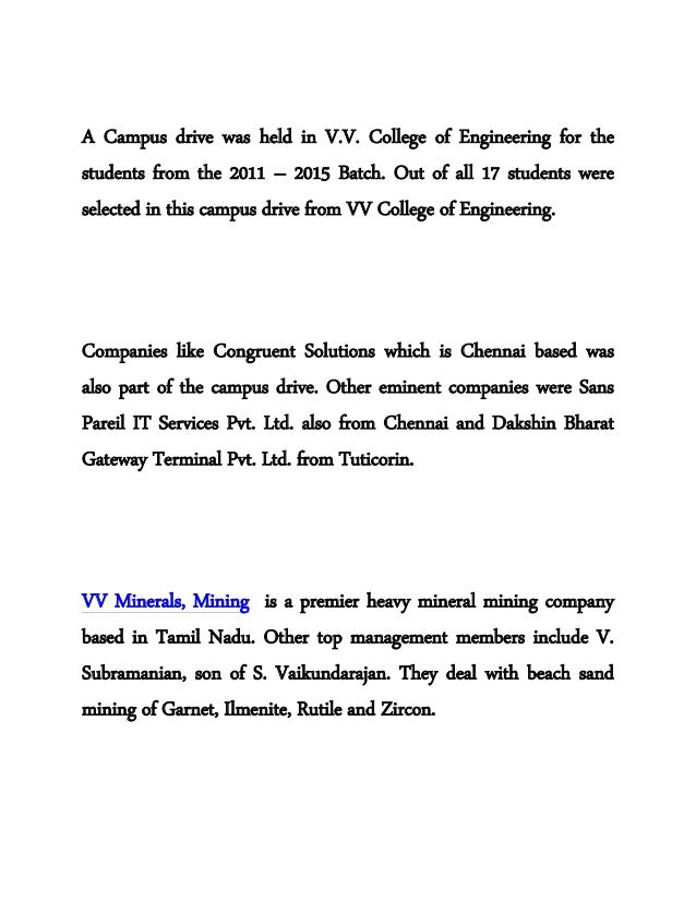 VV College Of Engineering Part Of VV Minerals, India Hosts Campus Drive