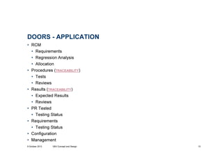 DOORS - APPLICATION
• RCM
• Requirements
• Regression Analysis
• Allocation
• Procedures (TRACEABILITY)
• Tests
• Reviews
• Results (TRACEABILITY)
• Expected Results
• Reviews
• PR Tested
• Testing Status
• Requirements
• Testing Status
• Configuration
• Management
9 October 2013

V&V Concept and Design

10

 