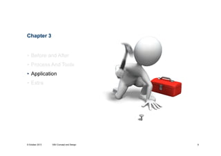 Chapter 3

• Before and After
• Process And Tools
• Application
• Extra

9 October 2013
Application

V&V Concept and Design

9

 