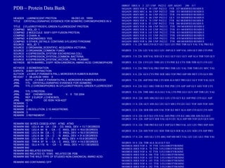 PDB – Protein Data Bank
HEADER LUMINESCENT PROTEIN 09-DEC-03 1RRX
TITLE CRYSTALLOGRAPHIC EVIDENCE FOR ISOMERIC CHROMOPHORES IN 3-
TITLE 2 FLUOROTYROSYL-GREEN FLUORESCENT PROTEIN
COMPND MOL_ID: 1;
COMPND 2 MOLECULE: SIGF1-GFP FUSION PROTEIN;
COMPND 3 CHAIN: A;
COMPND 4 ENGINEERED: YES;
COMPND 5 OTHER_DETAILS: CONTAINS 3-FLUORO-TYROSINE
SOURCE MOL_ID: 1;
SOURCE 2 ORGANISM_SCIENTIFIC: AEQUOREA VICTORIA;
SOURCE 3 ORGANISM_COMMON: FUNGI;
SOURCE 4 EXPRESSION_SYSTEM: ESCHERICHIA COLI;
SOURCE 5 EXPRESSION_SYSTEM_COMMON: BACTERIA;
SOURCE 6 EXPRESSION_SYSTEM_VECTOR_TYPE: PLASMID
KEYWDS BETA-BARREL, EGFP, NON-CANONICAL AMINO ACID, CHROMOPHORE
KEYWDS 2 ISOMERISATION
EXPDTA X-RAY DIFFRACTION
AUTHOR J.H.BAE,P.PARAMITA PAL,L.MORODER,R.HUBER,N.BUDISA
REVDAT 1 08-JUN-04 1RRX 0
JRNL AUTH J.H.BAE,P.PARAMITA PAL,L.MORODER,R.HUBER,N.BUDISA
JRNL TITL CRYSTALLOGRAPHIC EVIDENCE FOR ISOMERIC
JRNL TITL 2 CHROMOPHORES IN 3-FLUOROTYROSYL-GREEN FLUORESCENT
JRNL TITL 3 PROTEIN.
JRNL REF CHEMBIOCHEM V. 5 720 2004
JRNL REF 2 EUROP.J.CHEM.BIOL.
JRNL REFN GE ISSN 1439-4227
REMARK 1
REMARK 2
REMARK 2 RESOLUTION. 2.10 ANGSTROMS.
REMARK 3
REMARK 3 REFINEMENT.
--------------------------------------------//-----------------------------------------------------------
REMARK 500 M RES CSSEQI ATM1 ATM2 ATM3
REMARK 500 LEU A 44 CA - CB - CG ANGL. DEV. = 13.7 DEGREES
REMARK 500 LEU A 64 N - CA - C ANGL. DEV. =-16.6 DEGREES
REMARK 500 LEU A 64 CA - C - O ANGL. DEV. =-16.0 DEGREES
REMARK 500 LEU A 64 CA - C - N ANGL. DEV. = 31.6 DEGREES
REMARK 500 LEU A 64 O - C - N ANGL. DEV. =-15.9 DEGREES
REMARK 500 THR A 97 N - CA - C ANGL. DEV. =-14.0 DEGREES
REMARK 500 GLU A 115 N - CA - C ANGL. DEV. =-13.1 DEGREES
REMARK 900
REMARK 900 RELATED ENTRIES
REMARK 900 RELATED ID: 1EMG RELATED DB: PDB
REMARK 900 THE WILD TYPE OF STUDIED NON-CANONICAL AMINO ACID-
REMARK 900 CONTAINING GFP
DBREF 1RRX A 2 227 UNP P42212 GFP_AEQVI 290 517
SEQADV 1RRX YOF A 39 UNP P42212 TYR 327 MODIFIED RESIDUE
SEQADV 1RRX MFC A 66 UNP P42212 THR 353 MODIFIED RESIDUE
SEQADV 1RRX MFC A 66 UNP P42212 TYR 354 MODIFIED RESIDUE
SEQADV 1RRX MFC A 66 UNP P42212 GLY 355 MODIFIED RESIDUE
SEQADV 1RRX YOF A 74 UNP P42212 TYR 362 MODIFIED RESIDUE
SEQADV 1RRX YOF A 92 UNP P42212 TYR 380 MODIFIED RESIDUE
SEQADV 1RRX YOF A 106 UNP P42212 TYR 394 MODIFIED RESIDUE
SEQADV 1RRX YOF A 143 UNP P42212 TYR 431 MODIFIED RESIDUE
SEQADV 1RRX YOF A 143 UNP P42212 TYR 433 MODIFIED RESIDUE
SEQADV 1RRX YOF A 151 UNP P42212 TYR 439 MODIFIED RESIDUE
SEQADV 1RRX YOF A 182 UNP P42212 TYR 470 MODIFIED RESIDUE
SEQADV 1RRX YOF A 200 UNP P42212 TYR 488 MODIFIED RESIDUE
SEQRES 1 A 226 SER LYS GLY GLU GLU LEU PHE THR GLY VAL VAL PRO ILE
SEQRES 2 A 226 LEU VAL GLU LEU ASP GLY ASP VAL ASN GLY HIS LYS PHE
SEQRES 3 A 226 SER VAL SER GLY GLU GLY GLU GLY ASP ALA THR YOF GLY
SEQRES 4 A 226 LYS LEU THR LEU LYS PHE ILE CYS THR THR GLY LYS LEU
SEQRES 5 A 226 PRO VAL PRO TRP PRO THR LEU VAL THR THR LEU MFC VAL
SEQRES 6 A 226 GLN CYS PHE SER ARG YOF PRO ASP HIS MET LYS GLN HIS
SEQRES 7 A 226 ASP PHE PHE LYS SER ALA MET PRO GLU GLY YOF VAL GLN
SEQRES 8 A 226 GLU ARG THR ILE PHE PHE LYS ASP ASP GLY ASN YOF LYS
SEQRES 9 A 226 THR ARG ALA GLU VAL LYS PHE GLU GLY ASP THR LEU VAL
SEQRES 10 A 226 ASN ARG ILE GLU LEU LYS GLY ILE ASP PHE LYS GLU ASP
SEQRES 11 A 226 GLY ASN ILE LEU GLY HIS LYS LEU GLU YOF ASN YOF ASN
SEQRES 12 A 226 SER HIS ASN VAL YOF ILE MET ALA ASP LYS GLN LYS ASN
SEQRES 13 A 226 GLY ILE LYS VAL ASN PHE LYS ILE ARG HIS ASN ILE GLU
SEQRES 14 A 226 ASP GLY SER VAL GLN LEU ALA ASP HIS YOF GLN GLN ASN
SEQRES 15 A 226 THR PRO ILE GLY ASP GLY PRO VAL LEU LEU PRO ASP ASN
SEQRES 16 A 226 HIS YOF LEU SER THR GLN SER ALA LEU SER LYS ASP PRO
SEQRES 17 A 226 ASN GLU LYS ARG ASP HIS MET VAL LEU LEU GLU PHE VAL
SEQRES 18 A 226 THR ALA ALA GLY ILE
MODRES 1RRX YOF A 39 TYR 3-FLUOROTYROSINE
MODRES 1RRX YOF A 74 TYR 3-FLUOROTYROSINE
MODRES 1RRX YOF A 92 TYR 3-FLUOROTYROSINE
MODRES 1RRX YOF A 106 TYR 3-FLUOROTYROSINE
MODRES 1RRX YOF A 143 TYR 3-FLUOROTYROSINE
MODRES 1RRX YOF A 145 TYR 3-FLUOROTYROSINE
MODRES 1RRX YOF A 151 TYR 3-FLUOROTYROSINE
MODRES 1RRX YOF A 182 TYR 3-FLUOROTYROSINE
 