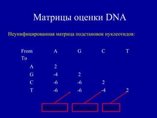 Матрицы оценки DNA
Неунифицированная матрица подстановок нуклеотидов:
From
To
A G C T
A 2
G -4 2
C -6 -6 2
T -6 -6 -4 2
MatchMismatchMismatch
 
