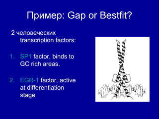 Пример: Gap or Bestfit?
2 человеческих
transcription factors:
1. SP1 factor, binds to
GC rich areas.
2. EGR-1 factor, active
at differentiation
stage
 