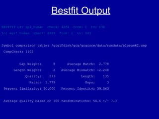 BESTFIT of: sp1_human check: 4284 from: 1 to: 696
to: egr1_human check: 6989 from: 1 to: 543
Symbol comparison table: /gcg10disk/gcg/gcgcore/data/rundata/blosum62.cmp
CompCheck: 1102
Gap Weight: 8 Average Match: 2.778
Length Weight: 2 Average Mismatch: -2.248
Quality: 233 Length: 135
Ratio: 1.779 Gaps: 3
Percent Similarity: 50.000 Percent Identity: 39.063
Average quality based on 100 randomizations: 50.6 +/- 7.3
Bestfit Output
 