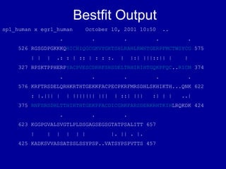 sp1_human x egr1_human October 10, 2001 10:50 ..
. . . . .
526 RGSGDPGKKKQHICHIQGCGKVYGKTSHLRAHLRWHTGERPFMCTWSYCG 575
| | | .: : | :: | : : :. | |:| |||::|| | |
327 RPSKTPPHERPYACPVESCDRRFSRSDELTRHIRIHTGQKPFQC..RICM 374
. . . . .
576 KRFTRSDELQRHKRTHTGEKKFACPECPKRFMRSDHLSKHIKTH...QNK 622
: |.||| | | ||||||| ||| | ::| ||| :| | | ..|
375 RNFSRSDHLTTHIRTHTGEKPFACDICGRKFARSDERKRHTKIHLRQKDK 424
. . .
623 KGGPGVALSVGTLPLDSGAGSEGSGTATPSALITT 657
| | | | | | |. || . |.
425 KADKSVVASSATSSLSSYPSP..VATSYPSPVTTS 457
Bestfit Output
 