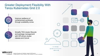Broadcom Proprietary and Confidential. Copyright © 2024 Broadcom.
All Rights Reserved. The term “Broadcom” refers to Broadcom Inc. and/or its subsidiaries.
17
Improve resilience of
containerized workloads
through availability zones
Simplify TKG cluster lifecycle
and package management
with API-driven cluster
classes and Carvel
Greater Deployment Flexibility With
Tanzu Kubernetes Grid 2.0
17
 