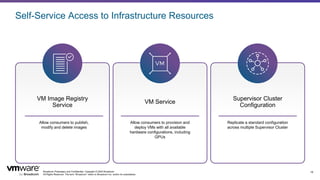 Broadcom Proprietary and Confidential. Copyright © 2024 Broadcom.
All Rights Reserved. The term “Broadcom” refers to Broadcom Inc. and/or its subsidiaries.
18
Self-Service Access to Infrastructure Resources
VM Image Registry
Service
Allow consumers to publish,
modify and delete images
VM Service
Allow consumers to provision and
deploy VMs with all available
hardware configurations, including
GPUs
Supervisor Cluster
Configuration
Replicate a standard configuration
across multiple Supervisor Cluster
 