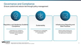 Broadcom Proprietary and Confidential. Copyright © 2024 Broadcom.
All Rights Reserved. The term “Broadcom” refers to Broadcom Inc. and/or its subsidiaries.
22
Governance and Compliance
Ensure control and reduce risk through policy management
Regulatory and Hardening Guideline
Compliance
Understand your compliance
posture across benchmarks and
remediate out-of-compliance
issues
Sustainability
Understand your sustainability
posture and meet ESG
commitments
Infrastructure Reporting and
Best Practices
Review existing infrastructure
and provide recommendations
for optimal use of resources
 