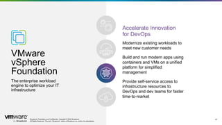 Broadcom Proprietary and Confidential. Copyright © 2024 Broadcom.
All Rights Reserved. The term “Broadcom” refers to Broadcom Inc. and/or its subsidiaries.
27
The enterprise workload
engine to optimize your IT
infrastructure
VMware
vSphere
Foundation
Accelerate Innovation
for DevOps
Broadcom Proprietary and Confidential. Copyright © 2024 Broadcom.
All Rights Reserved. The term “Broadcom” refers to Broadcom Inc. and/or its subsidiaries.
Modernize existing workloads to
meet new customer needs​
Build and run modern apps using
containers and VMs on a unified
platform for simplified
management​
Provide self-service access to
infrastructure resources to
DevOps and dev teams for faster
time-to-market
 