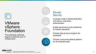 Broadcom Proprietary and Confidential. Copyright © 2024 Broadcom.
All Rights Reserved. The term “Broadcom” refers to Broadcom Inc. and/or its subsidiaries.
28
The enterprise workload
engine to optimize your IT
infrastructure
VMware
vSphere
Foundation
Elevate
Security
Broadcom Proprietary and Confidential. Copyright © 2024 Broadcom.
All Rights Reserved. The term “Broadcom” refers to Broadcom Inc. and/or its subsidiaries.
Leverage modern identity federation
and secure multi-factor
authentication​
Enable governance and compliance
to industry standards​
Provide data-at-rest encryption for
workloads​
Provide a secure-by-default platform
for all workload types
 