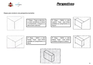 Etapas para construir uma perspectiva isometria:
1º Etapa – Traçar a mão livre,
os eixos isométricos e indicar
o comprimento, a largura e a
altura sobre cada eixo.
2º Etapa – Definir a vista
frontal. Traçar duas linhas
paralelas ao comprimento e a
altura.
Perspectivas
3º Etapa – Definir a vista
superior. Traçar duas linhas
paralelas ao comprimento e a
largura.
4º Etapa – Definir a vista
lateral. Traçar duas linhas
paralelas a largura e a altura.
14
 