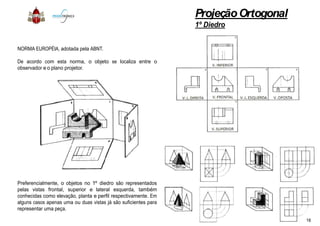 NORMA EUROPÉIA, adotada pela ABNT.
De acordo com esta norma, o objeto se localiza entre o
observador e o plano projetor.
Preferencialmente, o objetos no 1º diedro são representados
pelas vistas frontal, superior e lateral esquerda, também
conhecidas como elevação, planta e perfil respectivamente. Em
alguns casos apenas uma ou duas vistas já são suficientes para
representar uma peça.
ProjeçãoOrtogonal
1º Diedro
18
 