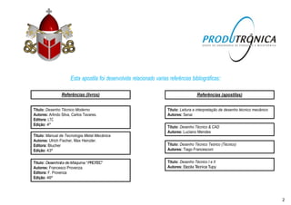Esta apostila foi desenvolvida relacionado
Referências (livros)
Titulo: Desenho Técnico Moderno
Autores: Arlindo Silva, Carlos Tavares.
Editora: LTC
Edição: 4º
Titulo: Manual de Tecnologia Metal Mecânica
Autores: Ulrich Fischer, Max Heinzler.
Editora: Blucher
Edição: 43º
Titulo: Desenhista deMáquina “PROTEC”
Autores: Francesco Provenza.
Editora: F. Provenza
Edição: 46º
relacionado varias referências bibliográficas:
Referências (apostilas)
Titulo: Leitura e interpretação de desenho técnico mecânico
Autores: Senai
Titulo: Desenho Técnico & CAD
Autores: Luciano Mendes
Titulo: Desenho Técnico Teórico (Técnico)
Autores: Tiago Francesconi
Titulo: Desenho Técnico I e II
Autores: Escola Técnica Tupy
2
 