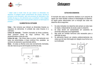 “ Saber cotar é muito mais do que colocar as dimensões nos
desenhos. A cotagem requer conhecimento das normas, técnicas
princípios a ela associados, além dos processos de fabricação e das
funções da peça ou dos elementos que a constituem. Uma cotagem
incorreta ou ambígua pode causar grandes prejuízos na fabricação
produto. ”
ELEMENTOS DA COTAGEM
Cotas – São números que indicam as dimensões lineares ou
angulares do elementos. A unidade das cotas lineares é
milímetro.
Linhas de chamada – Também chamadas de linhas auxiliares,Linhas de chamada – Também chamadas de linhas auxiliares,
estas possuem linhas de traço continuo fino, são
perpendiculares alinha de cota.
Linhas de cota – São linhas retas ou arcos, normalmente com
setas nas extremidades, a traço continuo fino, paralelas
contorno do elemento cuja dimensão define.
Setas – As setas ou flechas como são normalmente chamadas,
não são mais do que as terminações da linha de cota.
Cotagem
nos
técnicas e
das
cotagem
do
ou
o
auxiliares,
COTAS NOS DESENHOS
A inscrição das cotas nos desenhos obedece a um conjunto de
regras que visam facilitar a leitura e interpretação do desenho.
As regras gerais relacionadas com a inscrição das cotas nos
desenhos são as seguintes:
1. As cotas indicadas nos desenhos são sempre as cotas reais
do objeto, independente da escala usada no desenho.
2. As cotas devem ser apresentadas em caracteres de
dimensão adequada a sua legibilidade.
3. Não pode ser omitida nenhuma cota necessária para a
auxiliares,
são
com
ao
chamadas,
3. Não pode ser omitida nenhuma cota necessária para a
definição da peça.
4. Os elementos devem ser cotados preferencialmente nas
vistas que dá mais informação em relação à sua forma ou à
sua localização
25
 