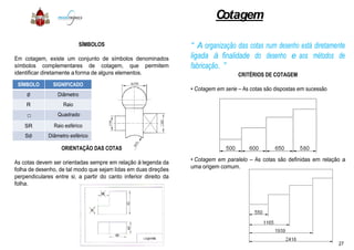 SÍMBOLOS
Em cotagem, existe um conjunto de símbolos denominados
símbolos complementares de cotagem, que permitem
identificar diretamente a forma de alguns elementos.
SÍMBOLO SIGNIFICADO
Diâmetro
R Raio
Quadrado
SR Raio esféricoSR Raio esférico
S Diâmetro esférico
ORIENTAÇÃO DAS COTAS
As cotas devem ser orientadas sempre em relação à legenda da
folha de desenho, de tal modo que sejam lidas em duas direções
perpendiculares entre si, a partir do canto inferior direito da
folha.
Cotagem
“ A organização das cotas num desenho está diretamente
ligada à finalidade do desenho e aos métodos de
fabricação. ”
CRITÉRIOS DE COTAGEM
• Cotagem em serie – As cotas são dispostas em sucessão
• Cotagem em paralelo – As cotas são definidas em relação a
uma origem comum.
27
 