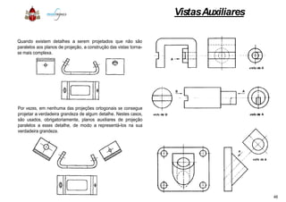 Quando existem detalhes a serem projetados que não são
paralelos aos planos de projeção, a construção das vistas torna-
se mais complexa.
Por vezes, em nenhuma das projeções ortogonais se consegue
projetar a verdadeira grandeza de algum detalhe. Nestes casos,
são usados, obrigatoriamente, planos auxiliares de projeção
paralelos a esses detalhe, de modo a representá-los na sua
verdadeira grandeza.
VistasAuxiliares
46
 