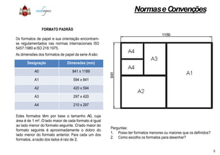 FORMATO PADRÃO
Os formatos de papel e sua orientação encontram-
se regulamentados nas normas internacionais ISO
5457:1980 e ISO 216:1975.
As dimensões dos formatos de papel da serie Asão:
Designação Dimensões (mm)
A0 841 x 1189
A1 594 x 841A1 594 x 841
A2 420 x 594
A3 297 x 420
A4 210 x 297
Estes formatos têm por base o tamanho A0, cuja
área é de 1 m2. Olado maior de cada formato é igual
ao lado menor do formato seguinte. Olado maior do
formato seguinte é aproximadamente o dobro do
lado menor do formato anterior. Para cada um dos
formatos, arazão dos lados é raiz de 2.
Normase Convenções
Perguntas:
1. Posso ter formatos menores ou maiores que os definidos?
2. Como escolho os formatos para desenhar?
5
 