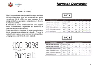 FORMAS DE ESCRITA
Toda a informação inscrita num desenho, sejam algarismos
ou outros caracteres, deve ser apresentada em escrita
normatizada. Isto é valido, quer para realização de um
esboço a mão livre, quer para a realização de um desenho
num sistema de CAD.
A utilização de escrita normatizada tem como objetivo
básico a uniformidade, a legibilidade e a reprodução de
desenhos sem perda de qualidade.
Podem ser utilizados dois tipos de letras normatizadas, o
tipo A (espaçamento reduzido) e o tipo B. A gama da
variável h, corresponde, assim como o formato padrão, a
tipo A (espaçamento reduzido) e o tipo B. A gama da
variável h, corresponde, assim como o formato padrão, a
uma progressão geométrica de razão raiz de 2.
Normase Convenções
TIPO A
TIPO B
9
 