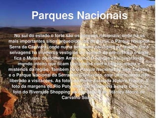 Parques Nacionais No sul do estado o forte são os parques nacionais, onde há os mais importantes sítios arqueológicos do Brasil, o Parque Nacional Serra da Capivara, onde numa belíssima paisagem de fauna e flora selvagens há inúmeros vestígios do homem da pré-história e onde fica o Museu do Homem Americano. O parque atrai turistas do mundo inteiro que ficam fascinados com a beleza, magia e mistérios da região. Também há o Parque Nacional de Sete Cidades e o Parque Nacional da Serra das Confusões, este último ainda não liberado a visitações. As fotos da Ponte Estaiada Isidoro França, A foto da margens do Rio Poty onde faz referência à mata ciliar e a foto do Riverside Shopping são de autoria de Stanley Moore de Carvalho Soares 