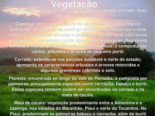 Vegetação . Predominam quatro classes vegetacionais: caatinga, cerrado, mata de cocais e floresta. Caatinga: tem sua ocorrência em ambientes de clima tropical semiárido. Os vegetais da caatinga apresentam adaptações a esse ambiente. Têm folhas grossas e pequenas, muitas delas com forma de espinhos, que perdem pouca água pela transpiração. Registrada em todo o estado, principalmente no sul e sudeste; é composta por cactos, arbustos e árvores de pequeno porte. Cerrado: estende-se nas porções sudoeste e norte do estado; apresenta os característicos arbustos e árvores retorcidas e algumas gramíneas cobrindo o solo. Floresta: encontrada ao longo do Vale do Parnaíba; é composta por palmeiras, principalmente espécies como carnaúba, babaçu e buriti. Essas espécies também podem ser encontradas no cerrado e na mata de cocais. Mata de cocais: vegetação predominante entre a Amazônia e a caatinga, nos estados do Maranhão, Piauí e norte do Tocantins. No Piauí, predominam as palmeiras babaçu e carnaúba, além do buriti 