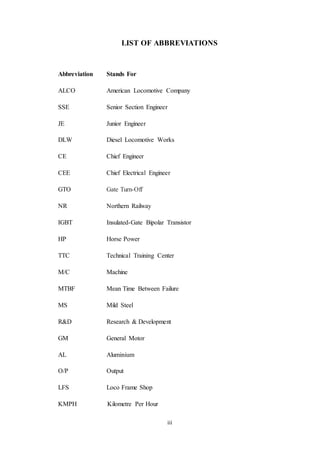 iii
LIST OF ABBREVIATIONS
Abbreviation Stands For
ALCO American Locomotive Company
SSE Senior Section Engineer
JE Junior Engineer
DLW Diesel Locomotive Works
CE Chief Engineer
CEE Chief Electrical Engineer
GTO Gate Turn-Off
NR Northern Railway
IGBT Insulated-Gate Bipolar Transistor
HP Horse Power
TTC Technical Training Center
M/C Machine
MTBF Mean Time Between Failure
MS Mild Steel
R&D Research & Development
GM General Motor
AL Aluminium
O/P Output
LFS Loco Frame Shop
KMPH Kilometre Per Hour
 
