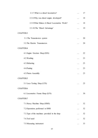 vii
2.3.7.What is a diesel locomotive? … 17
2.3.8.Why was diesel engine developed? … 18
2.3.9.What Makes A Diesel Locomotive Work? … 18
2.3.10.The ‘Diesel Advantage’ … 19
CHAPTER:3
3.1.The Transmission system … 20
3.2.The Electric Transmission … 20
CHAPTER:4
4.1.Engine Erection Shop (EES) … 22
4.2.Washing … 23
4.3.Debarring … 23
4.4.Panting … 23
4.5.Piston Assembly … 23
CHAPTER:5
5.1 Loco Testing Shop (LTS) … 25
CHAPTER:6
6.1.Locomotive Frame Shop (LFS) … 30
CHAPTER:7
7.1.Heavy Machine Shop (HMS) … 32
7.2.Operations performed in HMS … 32
7.3.Type of the machines provided in the shop … 32
7.4.Tool used … 32
7.5.Measuring instrument … 33
 