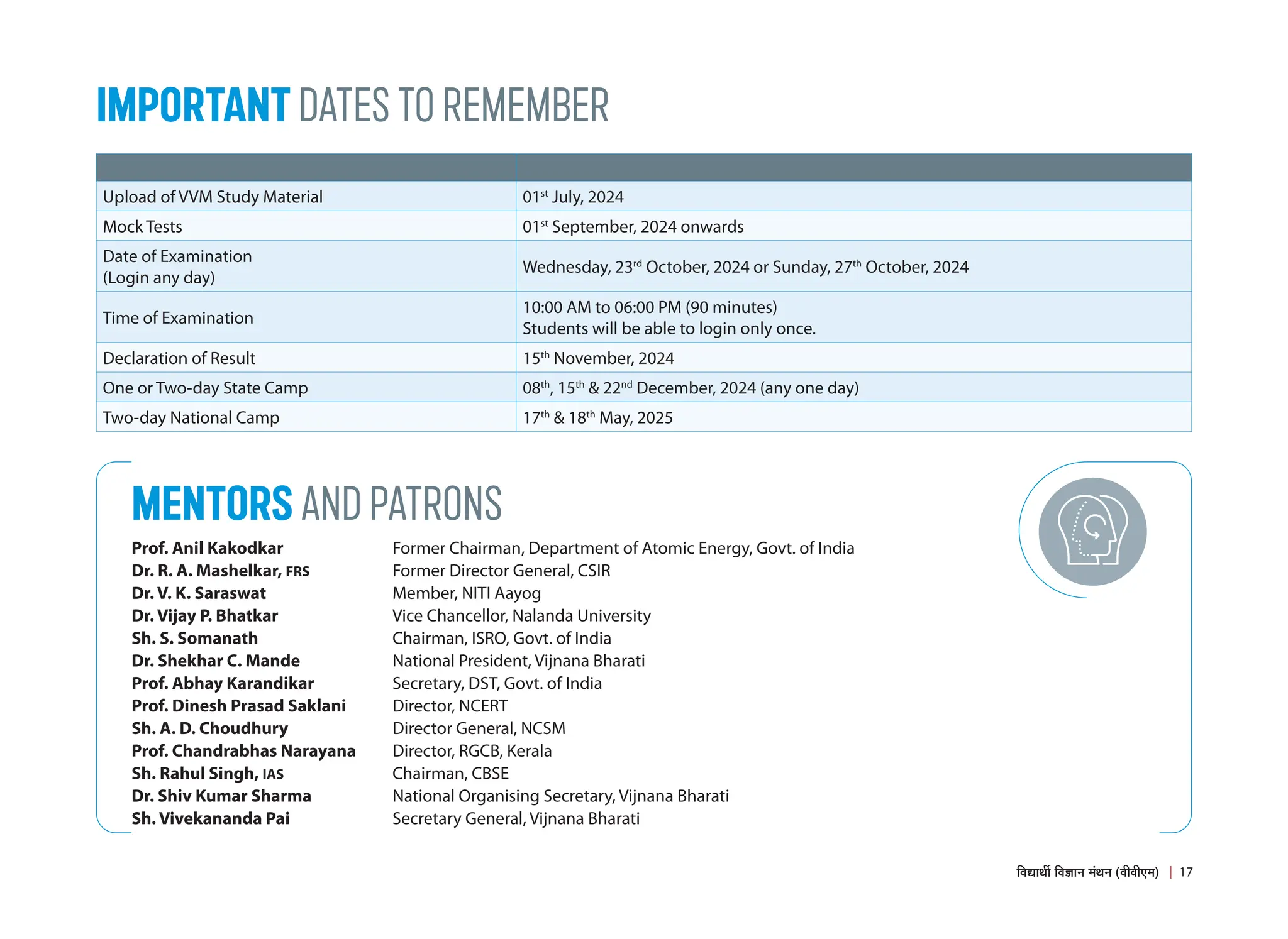 IMPORTANT DATES TO REMEMBER
MENTORS AND PATRONS
Upload of VVM Study Material 01st
July, 2024
Mock Tests 01st
September, 2024 onwards
Date of Examination
(Login any day)
Wednesday, 23rd
October, 2024 or Sunday, 27th
October, 2024
Time of Examination
10:00 AM to 06:00 PM (90 minutes)
Students will be able to login only once.
Declaration of Result 15th
November, 2024
One or Two-day State Camp 08th
, 15th
 22nd
December, 2024 (any one day)
Two-day National Camp 17th
 18th
May, 2025
Prof. Anil Kakodkar Former Chairman, Department of Atomic Energy, Govt. of India
Dr. R. A. Mashelkar, FRS Former Director General, CSIR
Dr. V. K. Saraswat Member, NITI Aayog
Dr. Vijay P. Bhatkar Vice Chancellor, Nalanda University
Sh. S. Somanath Chairman, ISRO, Govt. of India
Dr. Shekhar C. Mande National President, Vijnana Bharati
Prof. Abhay Karandikar Secretary, DST, Govt. of India
Prof. Dinesh Prasad Saklani Director, NCERT
Sh. A. D. Choudhury Director General, NCSM
Prof. Chandrabhas Narayana Director, RGCB, Kerala
Sh. Rahul Singh, IAS Chairman, CBSE
Dr. Shiv Kumar Sharma National Organising Secretary, Vijnana Bharati
Sh. Vivekananda Pai Secretary General, Vijnana Bharati
17
×¾ÖªÖ£Öá ×¾Ö–ÖÖ−Ö ´ÖÓ£Ö−Ö (¾Öß¾Öß‹´Ö)
 