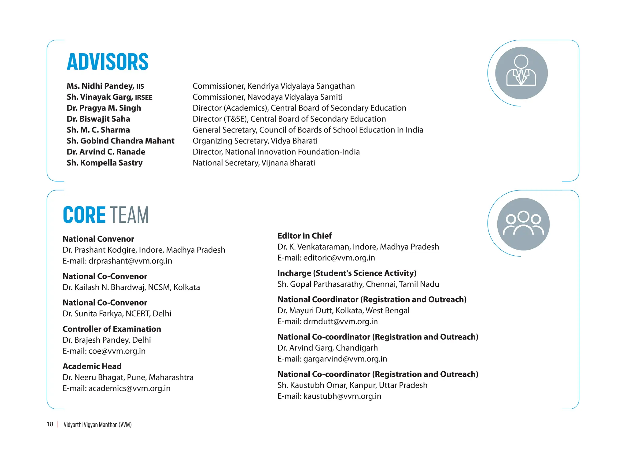 ADVISORS
CORE TEAM
Ms. Nidhi Pandey, IIS Commissioner, Kendriya Vidyalaya Sangathan
Sh. Vinayak Garg, IRSEE Commissioner, Navodaya Vidyalaya Samiti
Dr. Pragya M. Singh Director (Academics), Central Board of Secondary Education
Dr. Biswajit Saha Director (TSE), Central Board of Secondary Education
Sh. M. C. Sharma General Secretary, Council of Boards of School Education in India
Sh. Gobind Chandra Mahant Organizing Secretary, Vidya Bharati
Dr. Arvind C. Ranade Director, National Innovation Foundation-India
Sh. Kompella Sastry National Secretary, Vijnana Bharati
National Convenor
Dr. Prashant Kodgire, Indore, Madhya Pradesh
E-mail: drprashant@vvm.org.in
National Co-Convenor
Dr. Kailash N. Bhardwaj, NCSM, Kolkata
National Co-Convenor
Dr. Sunita Farkya, NCERT, Delhi
Controller of Examination
Dr. Brajesh Pandey, Delhi
E-mail: coe@vvm.org.in
Academic Head
Dr. Neeru Bhagat, Pune, Maharashtra
E-mail: academics@vvm.org.in
Editor in Chief
Dr. K. Venkataraman, Indore, Madhya Pradesh
E-mail: editoric@vvm.org.in
Incharge (Student's Science Activity)
Sh. Gopal Parthasarathy, Chennai, Tamil Nadu
National Coordinator (Registration and Outreach)
Dr. Mayuri Dutt, Kolkata, West Bengal
E-mail: drmdutt@vvm.org.in
National Co-coordinator (Registration and Outreach)
Dr. Arvind Garg, Chandigarh
E-mail: gargarvind@vvm.org.in
National Co-coordinator (Registration and Outreach)
Sh. Kaustubh Omar, Kanpur, Uttar Pradesh
E-mail: kaustubh@vvm.org.in
18 Vidyarthi Vigyan Manthan (VVM)
 
