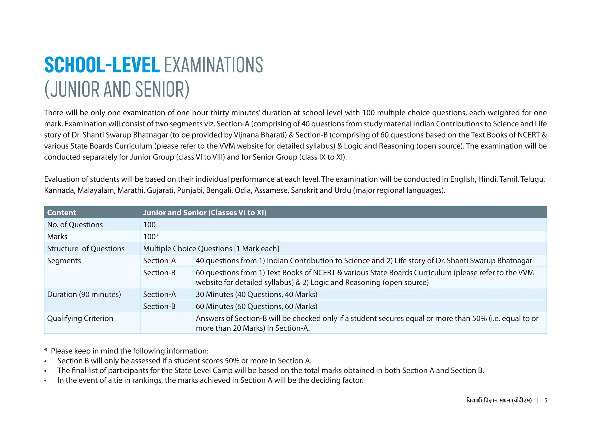 SCHOOL-LEVEL EXAMINATIONS
(JUNIOR AND SENIOR)
There will be only one examination of one hour thirty minutes’ duration at school level with 100 multiple choice questions, each weighted for one
mark. Examination will consist of two segments viz. Section-A (comprising of 40 questions from study material Indian Contributions to Science and Life
story of Dr. Shanti Swarup Bhatnagar (to be provided by Vijnana Bharati)  Section-B (comprising of 60 questions based on the Text Books of NCERT 
various State Boards Curriculum (please refer to the VVM website for detailed syllabus)  Logic and Reasoning (open source). The examination will be
conducted separately for Junior Group (class VI to VIII) and for Senior Group (class IX to XI).
Evaluation of students will be based on their individual performance at each level. The examination will be conducted in English, Hindi, Tamil, Telugu,
Kannada, Malayalam, Marathi, Gujarati, Punjabi, Bengali, Odia, Assamese, Sanskrit and Urdu (major regional languages).
Content Junior and Senior (Classes VI to XI)
No. of Questions 100
Marks 100*
Structure of Questions Multiple Choice Questions [1 Mark each]
Segments Section-A 40 questions from 1) Indian Contribution to Science and 2) Life story of Dr. Shanti Swarup Bhatnagar
Section-B 60 questions from 1) Text Books of NCERT  various State Boards Curriculum (please refer to the VVM
website for detailed syllabus)  2) Logic and Reasoning (open source)
Duration (90 minutes) Section-A 30 Minutes (40 Questions, 40 Marks)
Section-B 60 Minutes (60 Questions, 60 Marks)
Qualifying Criterion Answers of Section-B will be checked only if a student secures equal or more than 50% (i.e. equal to or
more than 20 Marks) in Section-A.
* Please keep in mind the following information:
• Section B will only be assessed if a student scores 50% or more in Section A.
• The final list of participants for the State Level Camp will be based on the total marks obtained in both Section A and Section B.
• In the event of a tie in rankings, the marks achieved in Section A will be the deciding factor.
5
×¾ÖªÖ£Öá ×¾Ö–ÖÖ−Ö ´ÖÓ£Ö−Ö (¾Öß¾Öß‹´Ö)
 