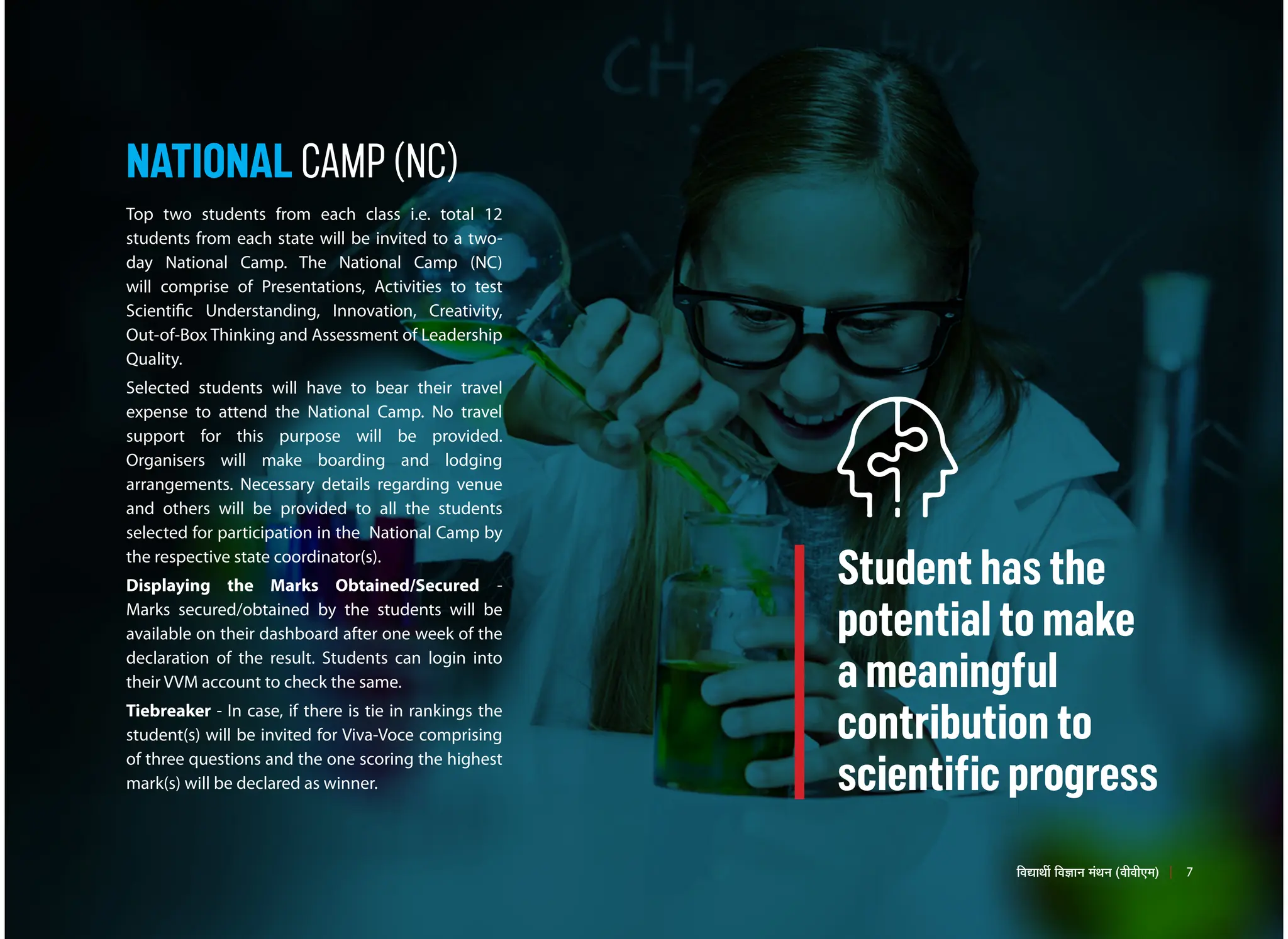 NATIONAL CAMP (NC)
Top two students from each class i.e. total 12
students from each state will be invited to a two-
day National Camp. The National Camp (NC)
will comprise of Presentations, Activities to test
Scientific Understanding, Innovation, Creativity,
Out-of-Box Thinking and Assessment of Leadership
Quality.
Selected students will have to bear their travel
expense to attend the National Camp. No travel
support for this purpose will be provided.
Organisers will make boarding and lodging
arrangements. Necessary details regarding venue
and others will be provided to all the students
selected for participation in the National Camp by
the respective state coordinator(s).
Displaying the Marks Obtained/Secured -
Marks secured/obtained by the students will be
available on their dashboard after one week of the
declaration of the result. Students can login into
their VVM account to check the same.
Tiebreaker - In case, if there is tie in rankings the
student(s) will be invited for Viva-Voce comprising
of three questions and the one scoring the highest
mark(s) will be declared as winner.
Student has the
potential to make
a meaningful
contribution to
scientific progress
7
×¾ÖªÖ£Öá ×¾Ö–ÖÖ−Ö ´ÖÓ£Ö−Ö (¾Öß¾Öß‹´Ö)
 