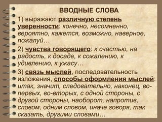 ВВОДНЫЕ СЛОВА
1) выражают различную степень
уверенности: конечно, несомненно,
вероятно, кажется, возможно, наверное,
пожалуй…
2) чувства говорящего: к счастью, на
радость, к досаде, к сожалению, к
удивлению, к ужасу…
3) связь мыслей, последовательность
изложения, способы оформления мыслей:
итак, значит, следовательно, наконец, во-
первых, во-вторых, с одной стороны, с
другой стороны, наоборот, напротив,
словом, одним словом, иначе говоря, так
сказать, другими словами…
 