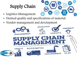 Supply Chain
• Logistics Management
• Desired quality and specifications of material
• Vendor management and development
 